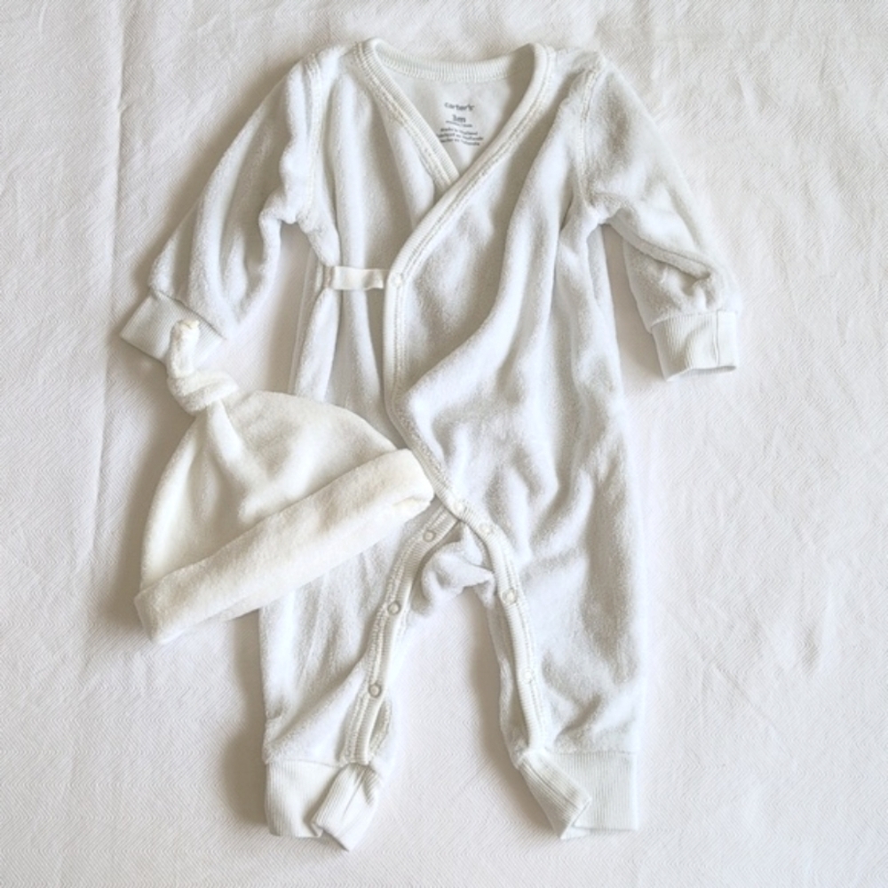 carter's white terry cloth snap kimono style jumpsuit & hat 3 months baby unisex